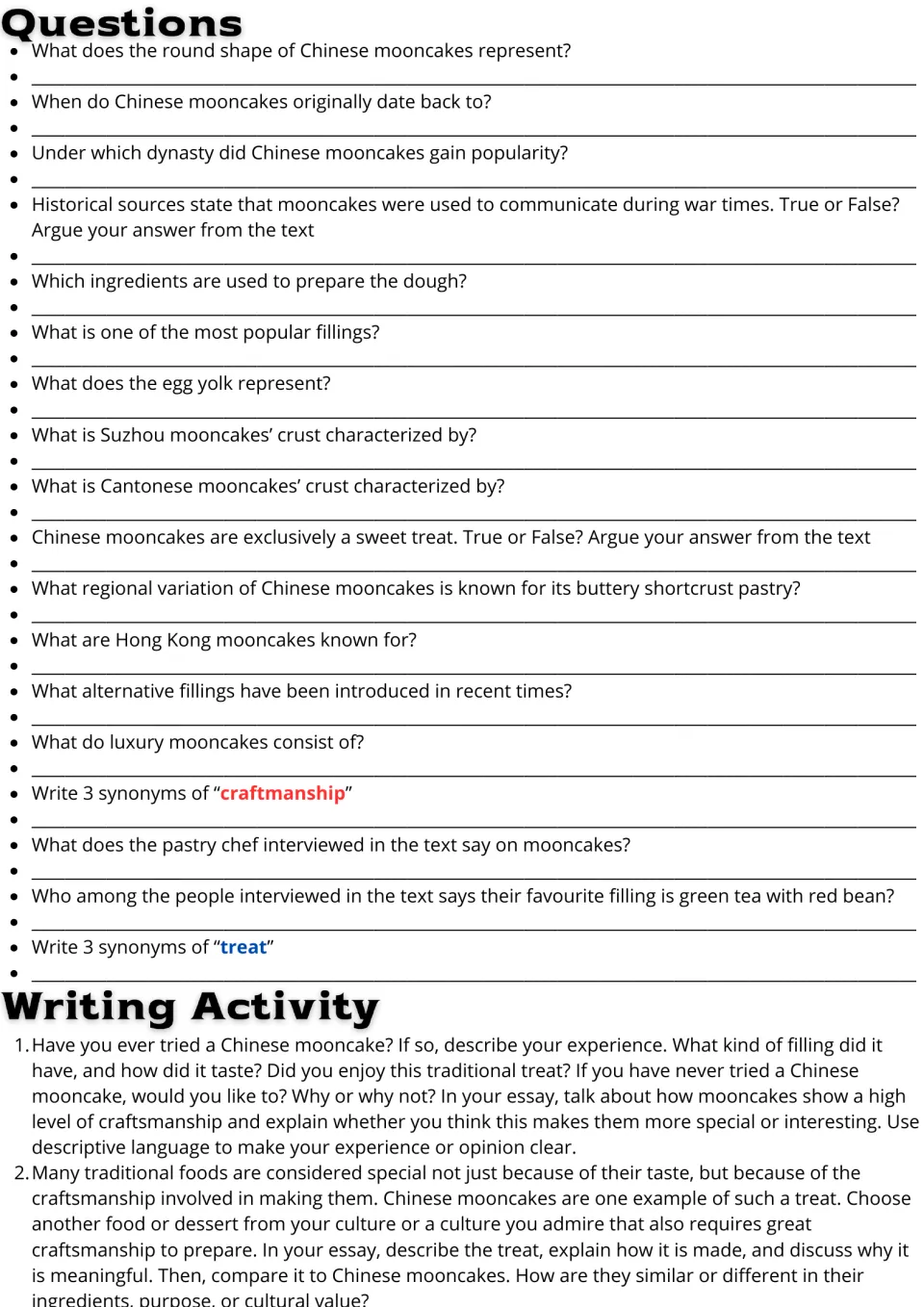 Follow-up activities: 18 mooncake comprehension and vocabulary questions plus two essay prompts.