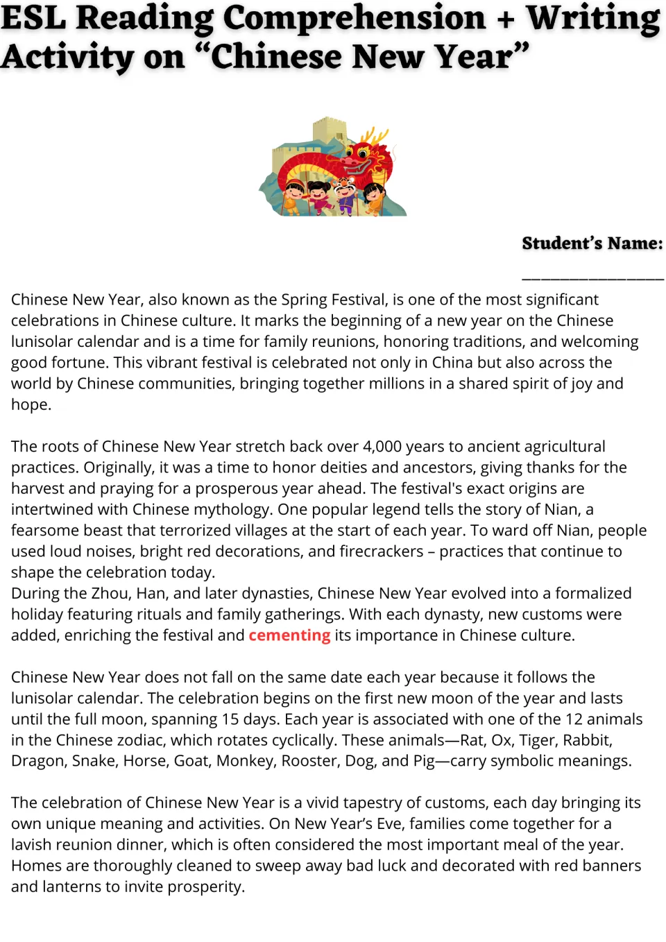 Reading passage part 1: Chinese New Year origins, the Nian legend, the zodiac, and reunion traditions