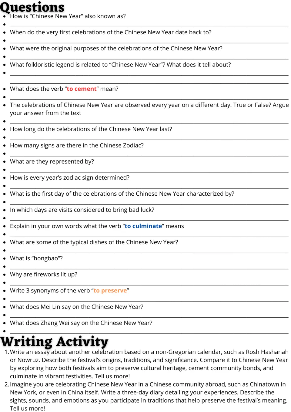 Follow-up activities: 19 reading and vocabulary questions, a festival comparison essay, and a diary prompt