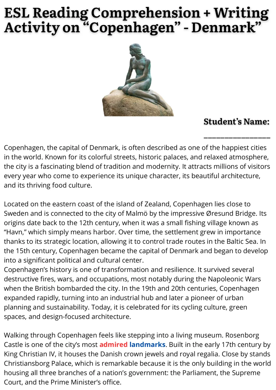 Opening Copenhagen reading passage covering the city's location, origins, history and royal palaces.