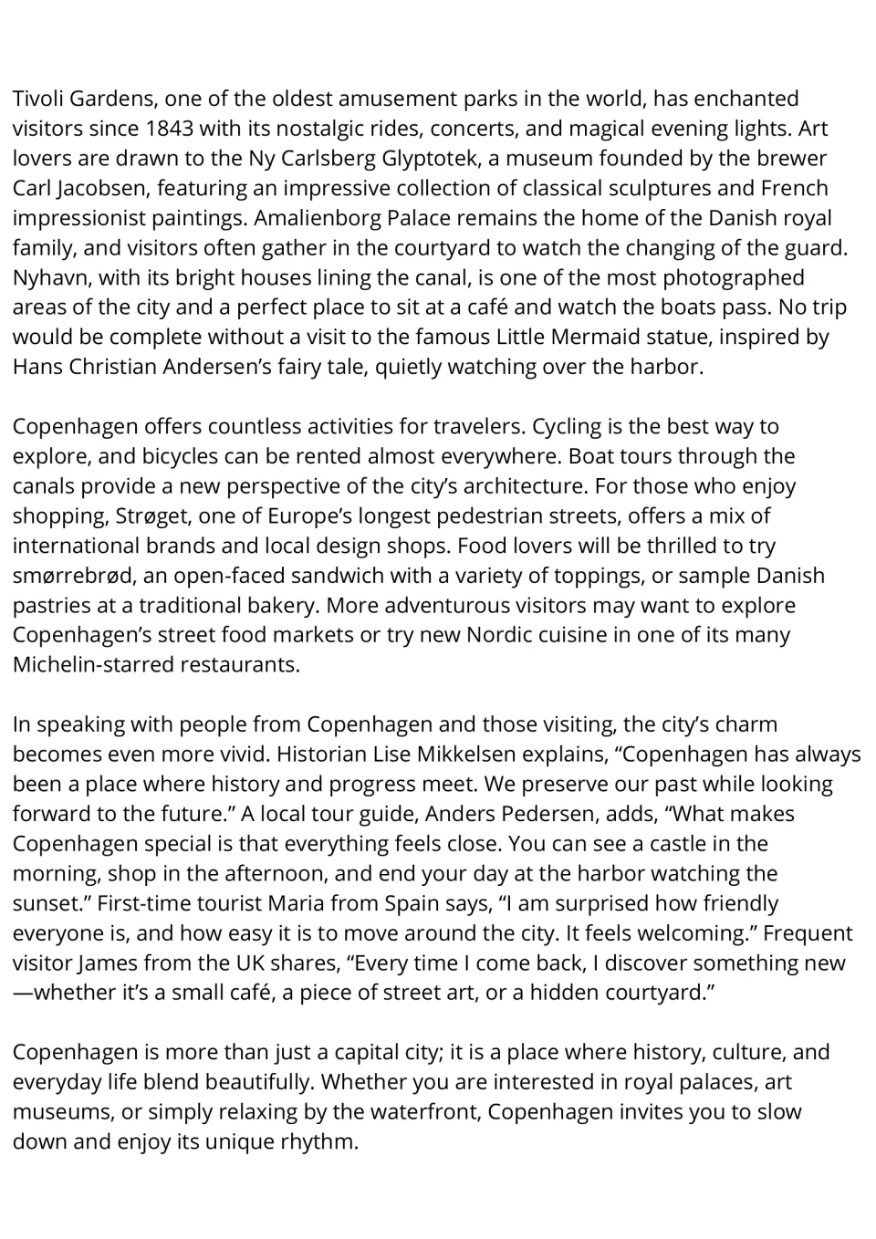 Copenhagen reading passage continued: Tivoli Gardens, Nyhavn, cycling, Danish food and visitor interviews.