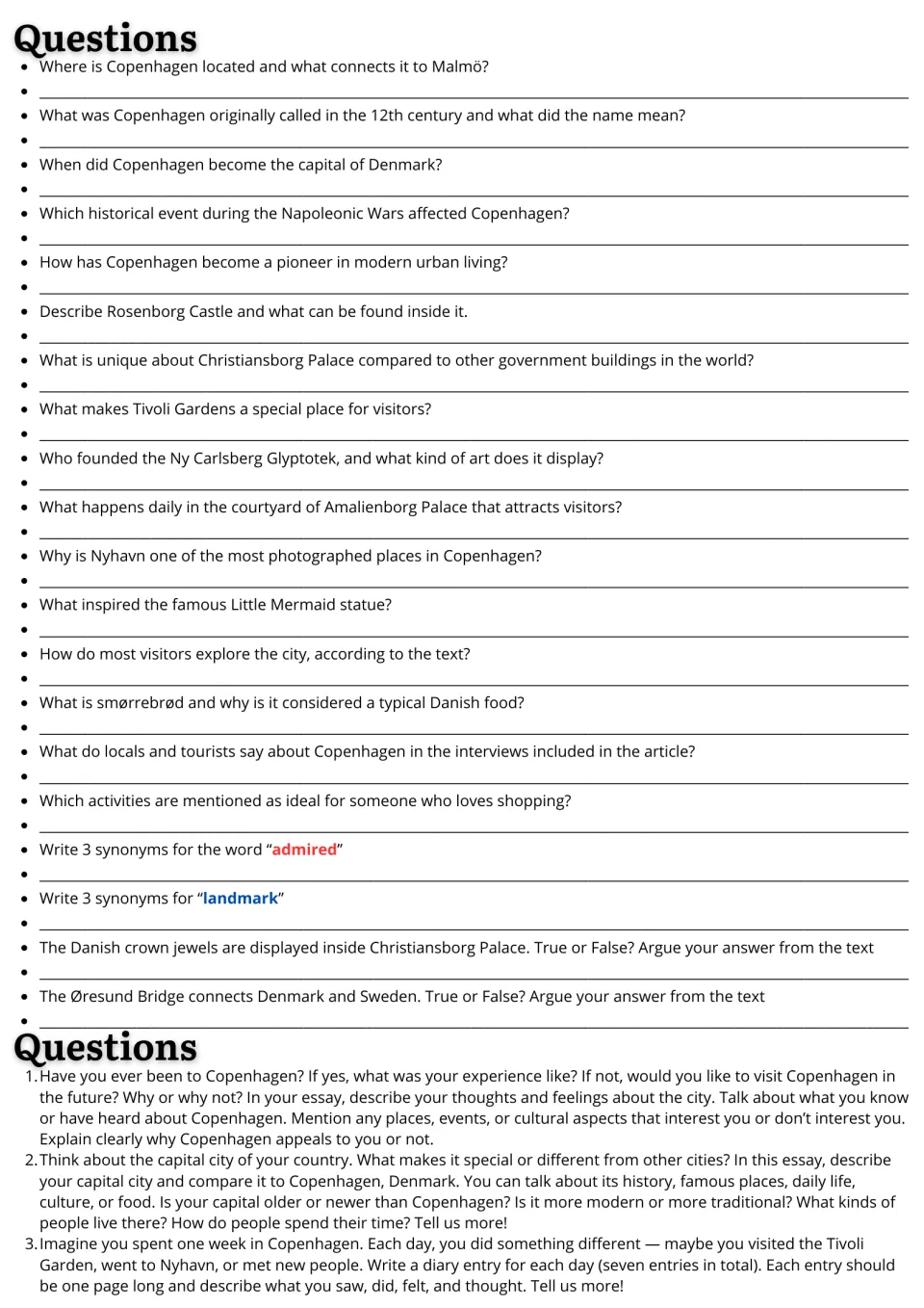 Copenhagen passage follow-up: 20 comprehension and vocabulary questions plus three extended writing prompts.