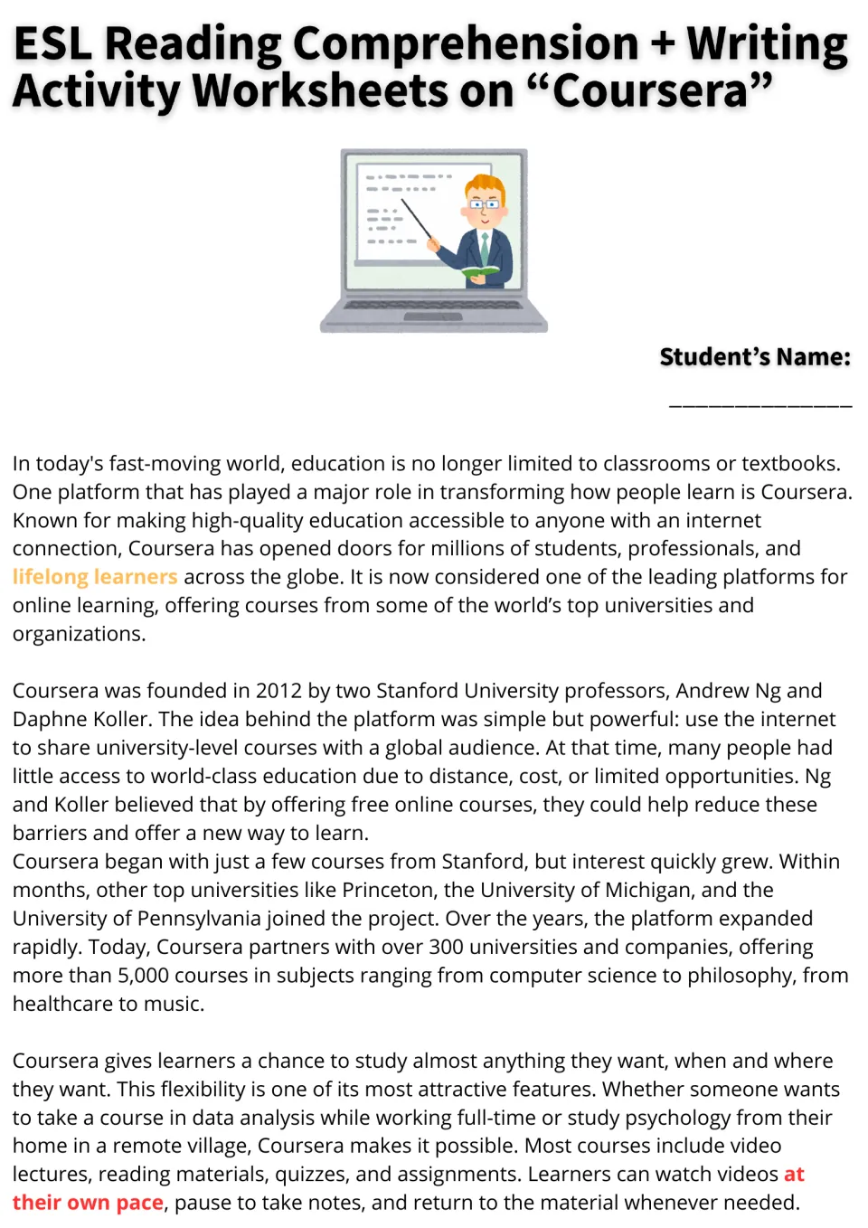 Coursera reading passage, part 1: students read about its 2012 founding by Andrew Ng and Daphne Koller and its growth
