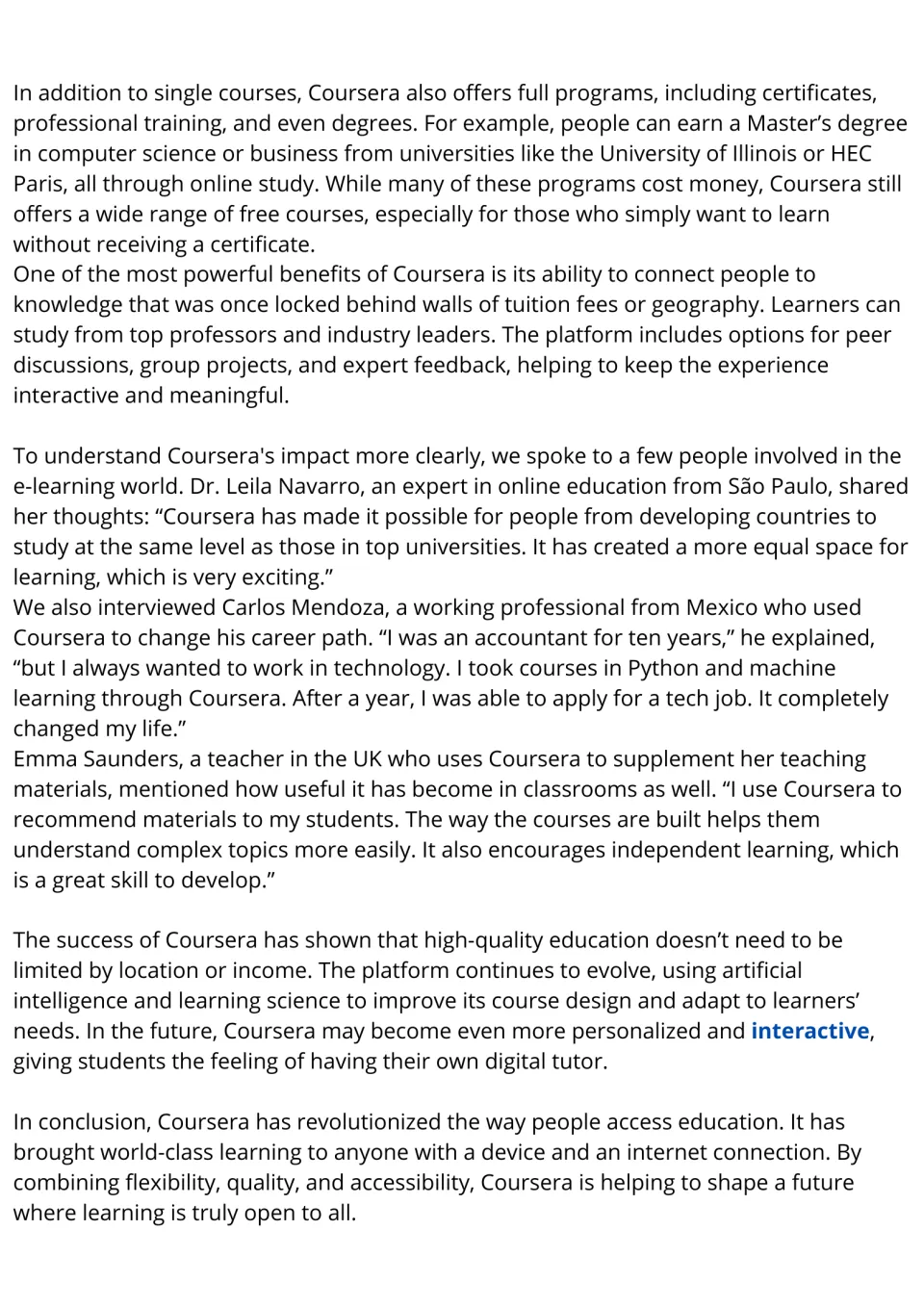 Coursera reading passage, part 2: degrees, free courses and interviews with Leila Navarro, Carlos Mendoza and Emma Saunders