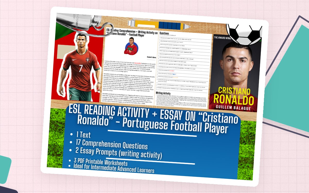 ESL Reading Comprehension + Writing Activity - Cristiano Ronaldo teaching resource preview