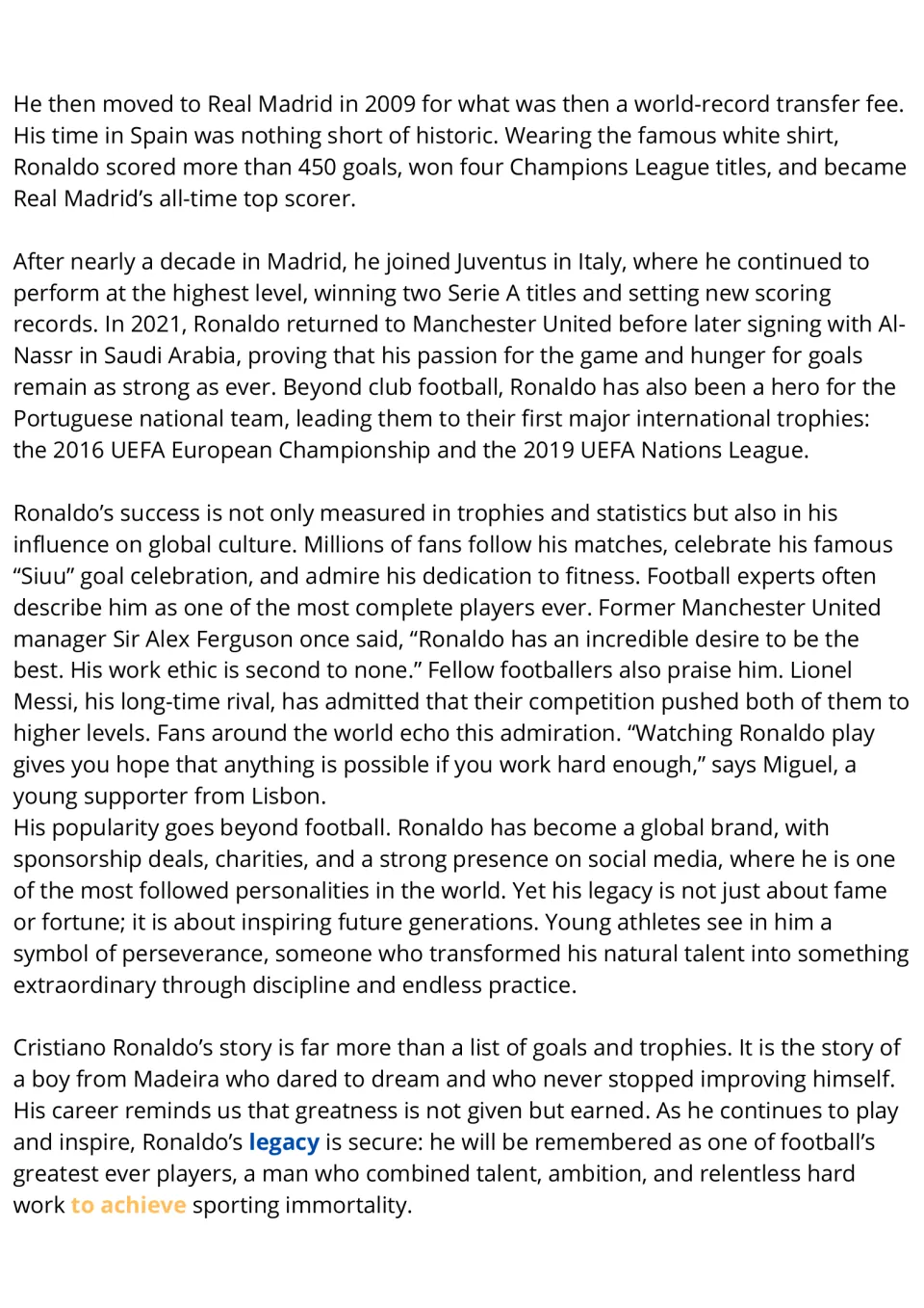 Ronaldo reading, second page: Real Madrid, Juventus and Al-Nassr years, Portugal titles, and quotes on his legacy
