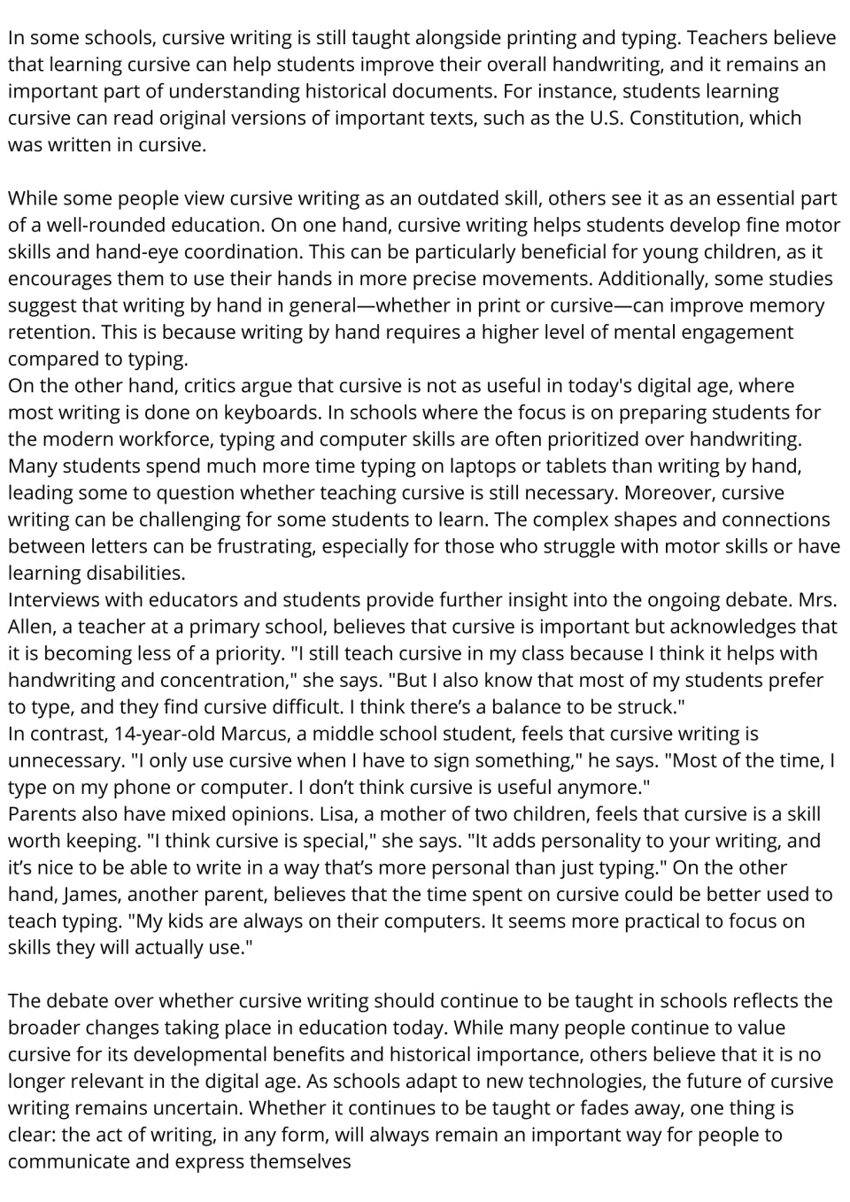 Continued ESL reading on cursive writing: benefits, drawbacks, and teacher, student, and parent views.
