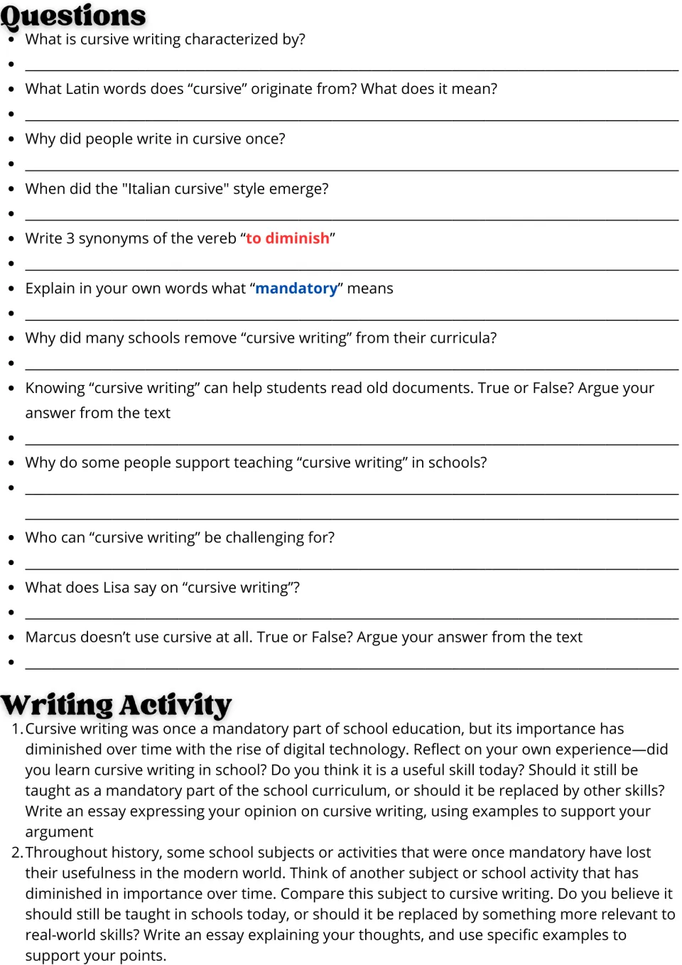 Cursive writing reading response: 12 comprehension questions and two essay prompts on its role in schools.