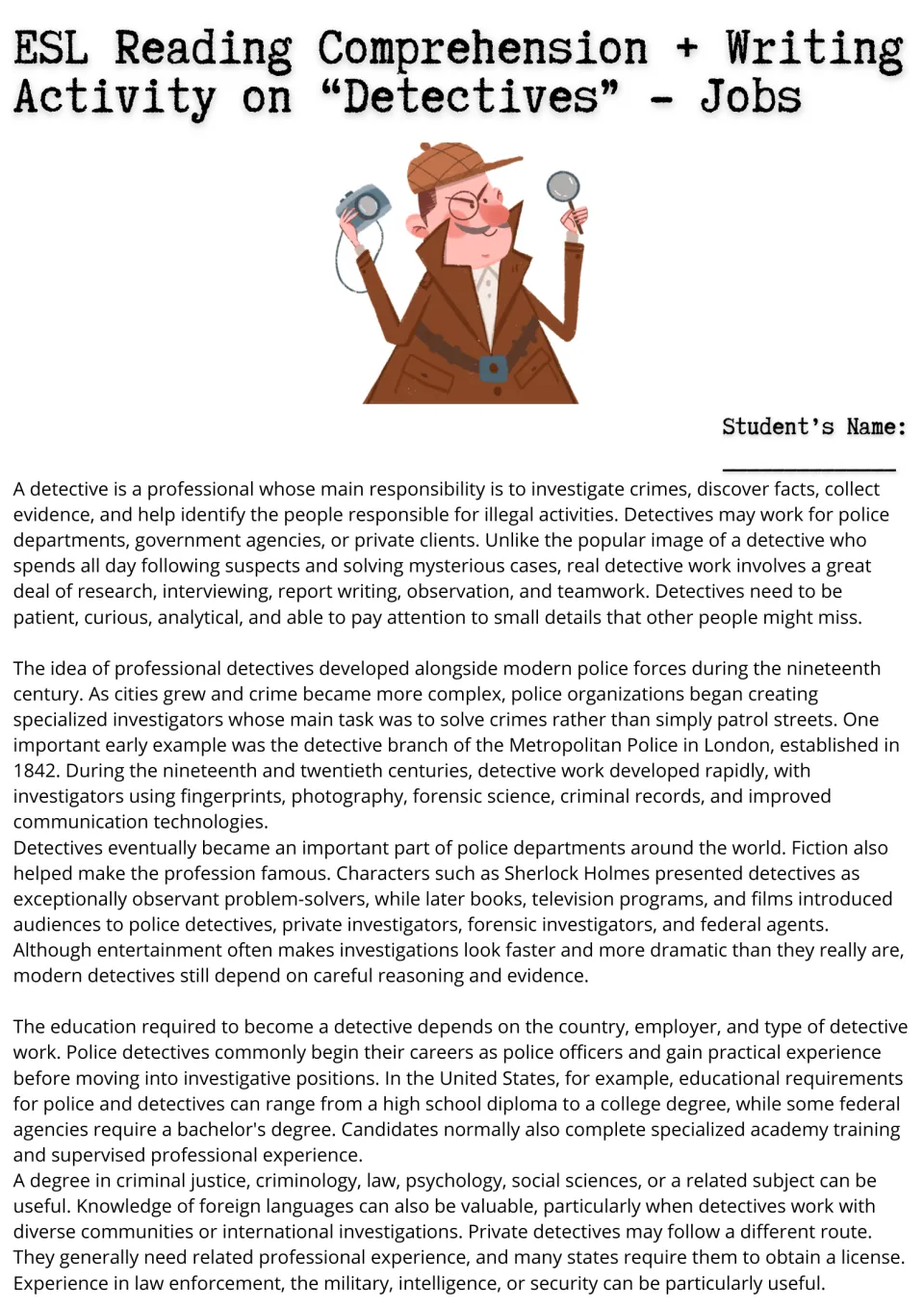 Detective careers reading, part 1: responsibilities, professional history, education, and experience
