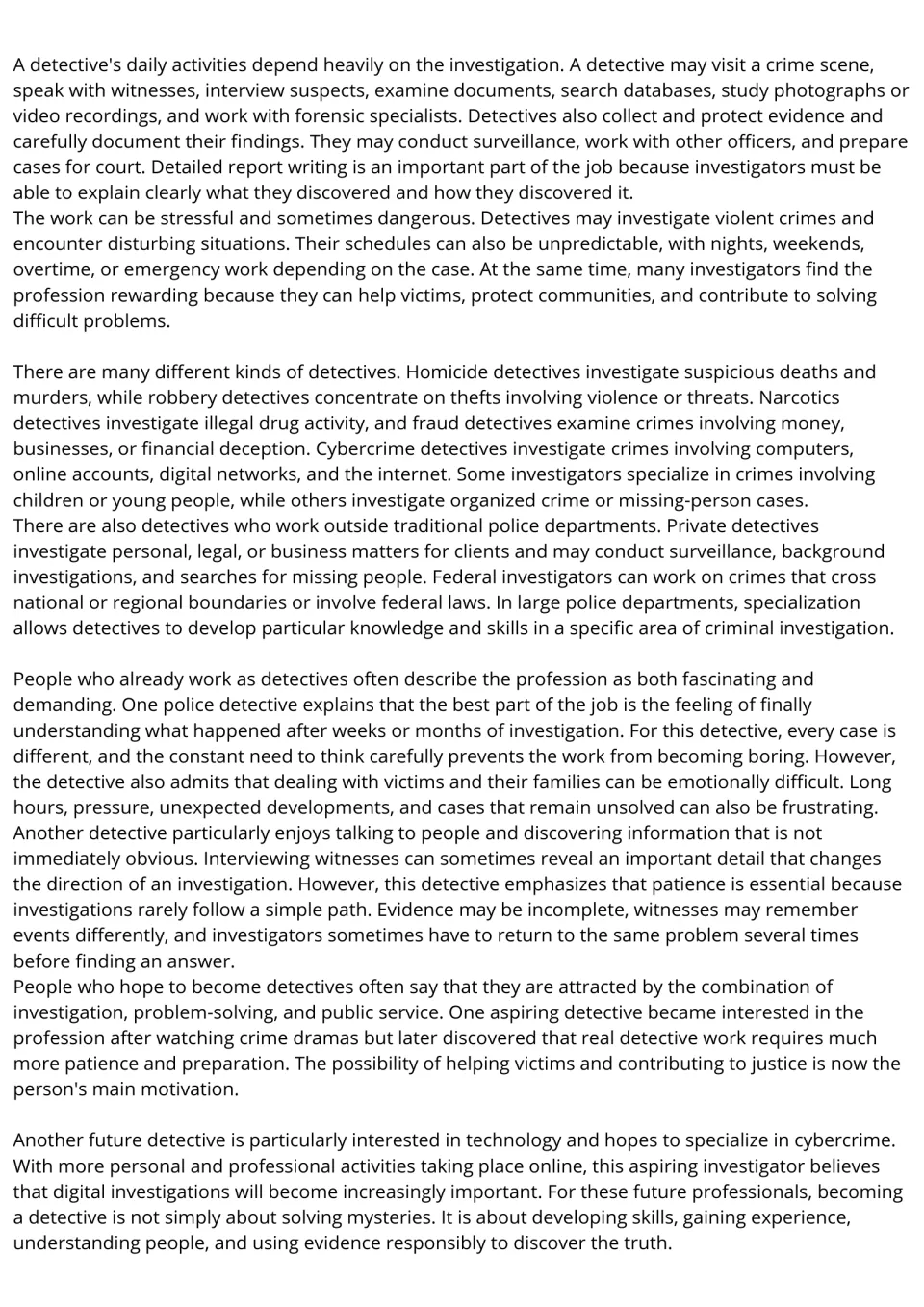 Detective careers reading, part 2: daily duties, job challenges, specialties, and career motivations