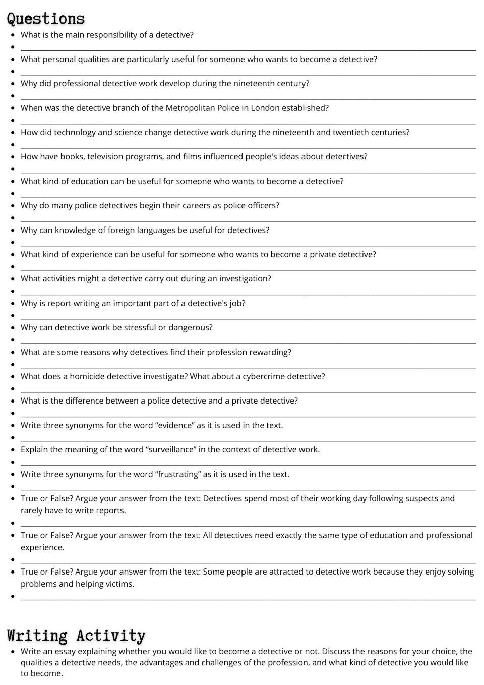 Detective reading follow-up: 22 comprehension and vocabulary questions plus a detective career essay prompt