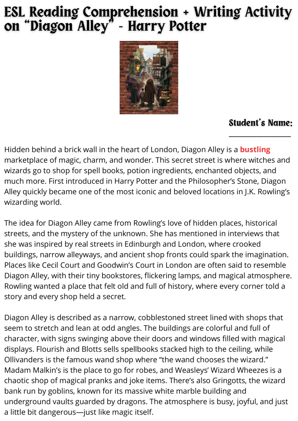 Reading passage opening: Diagon Alley's location, origins, shops, and atmosphere in the Harry Potter world.