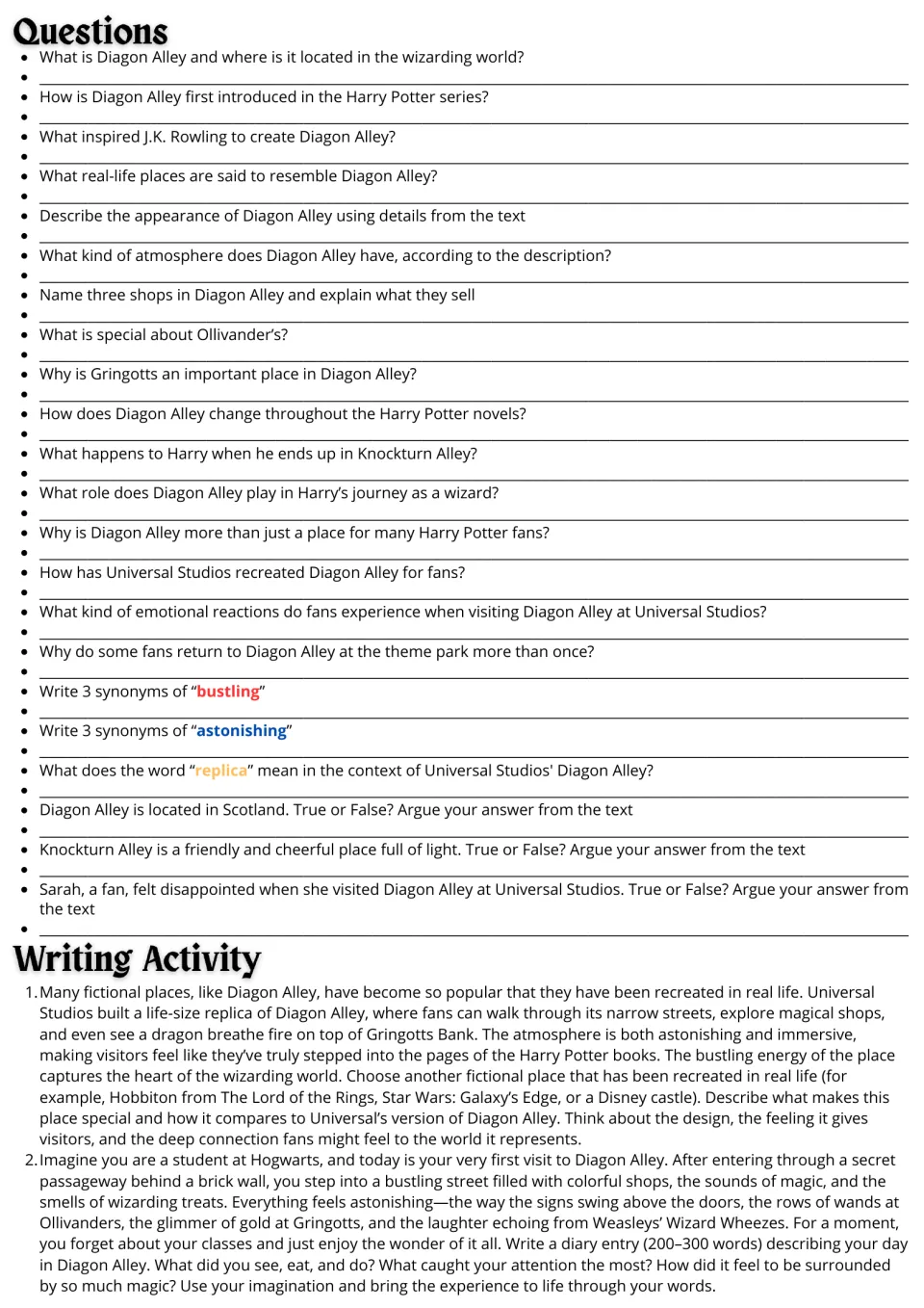 Diagon Alley practice: 22 comprehension and vocabulary questions plus comparison and diary writing prompts.