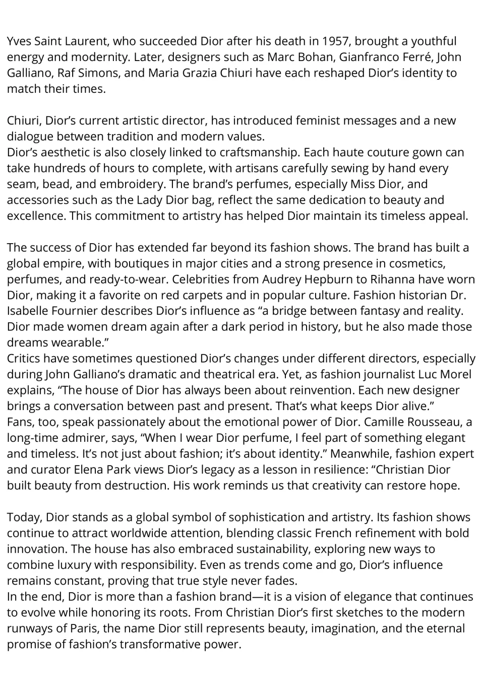 Reading passage, part 2: Dior's creative directors, craftsmanship, perfumes, popularity, and fashion legacy.