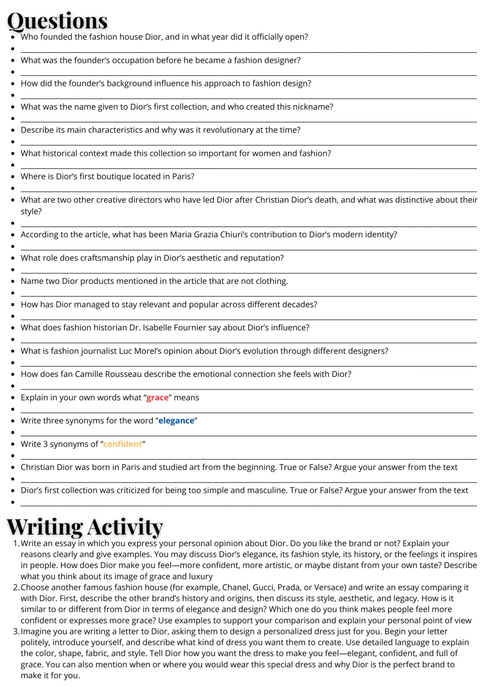 Dior follow-up: 20 comprehension and vocabulary questions plus three essay and letter-writing prompts.