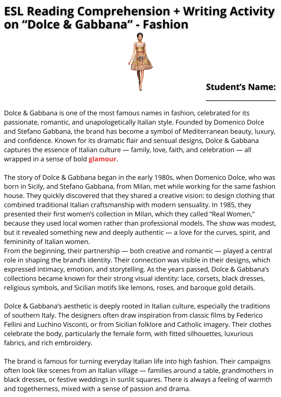Reading passage, part 1: Dolce & Gabbana's founders, first collection, Italian influences, and designs.