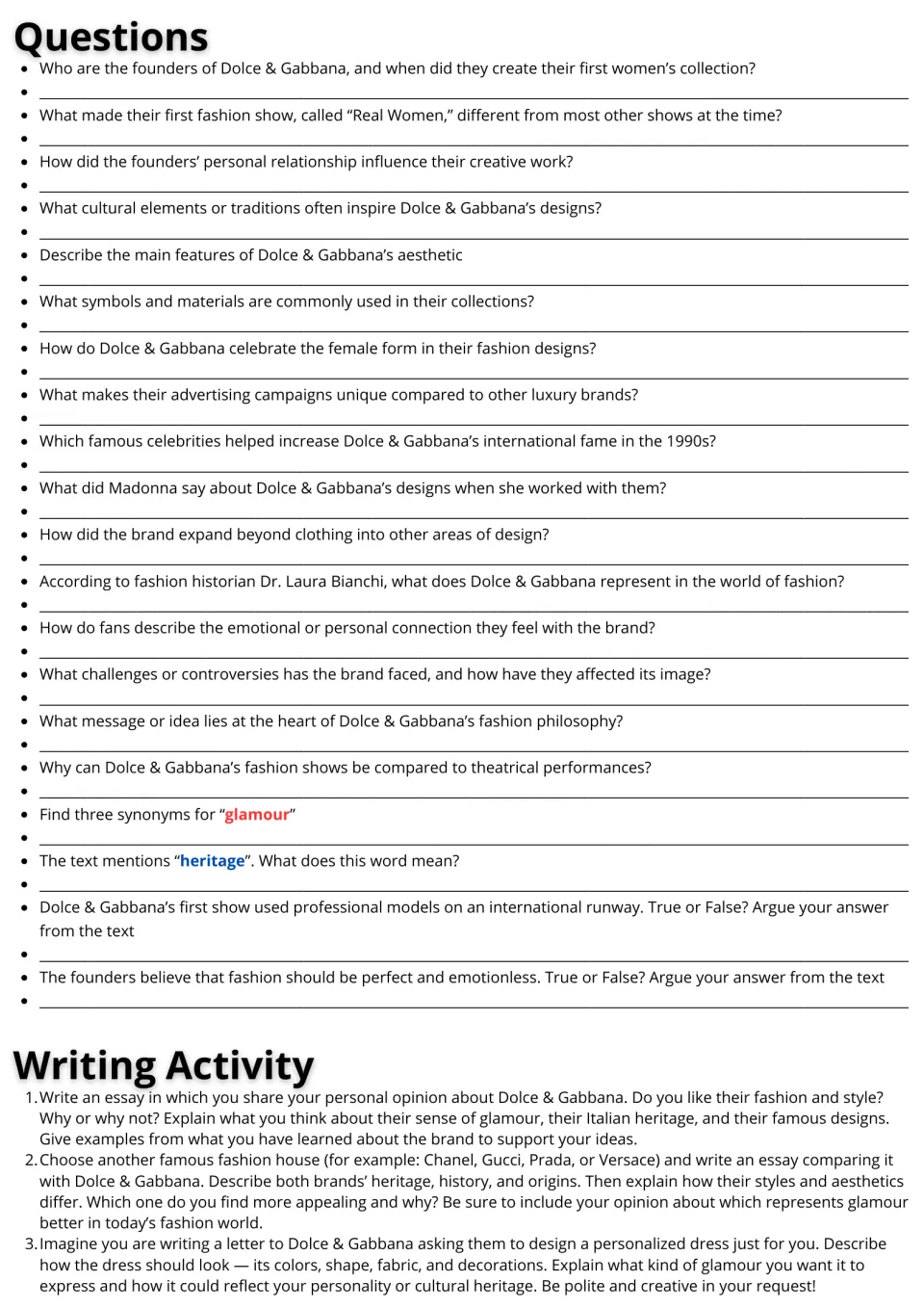 Dolce & Gabbana follow-up: 20 questions and three writing prompts on opinions, comparison, and a letter.
