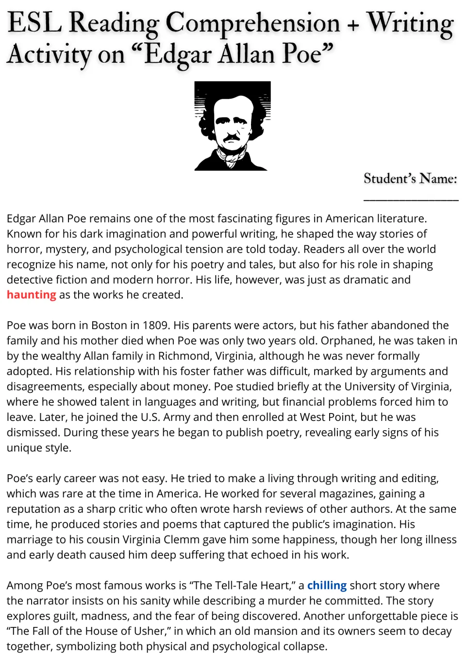 Edgar Allan Poe reading passage with portrait: students read his early life and works, with vocabulary words in color