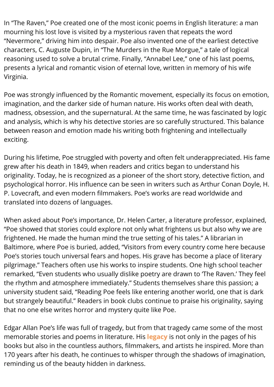 Poe reading passage continued: students read about The Raven, his influences, his legacy and quotes from readers