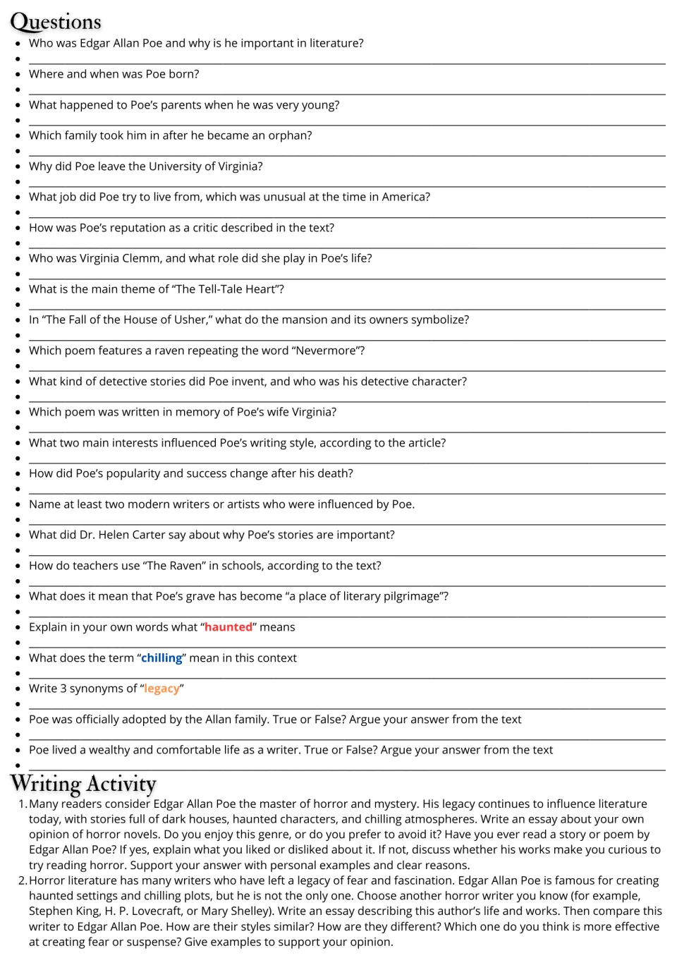 Poe comprehension questions and writing prompts: students answer 24 written questions, then write two essays
