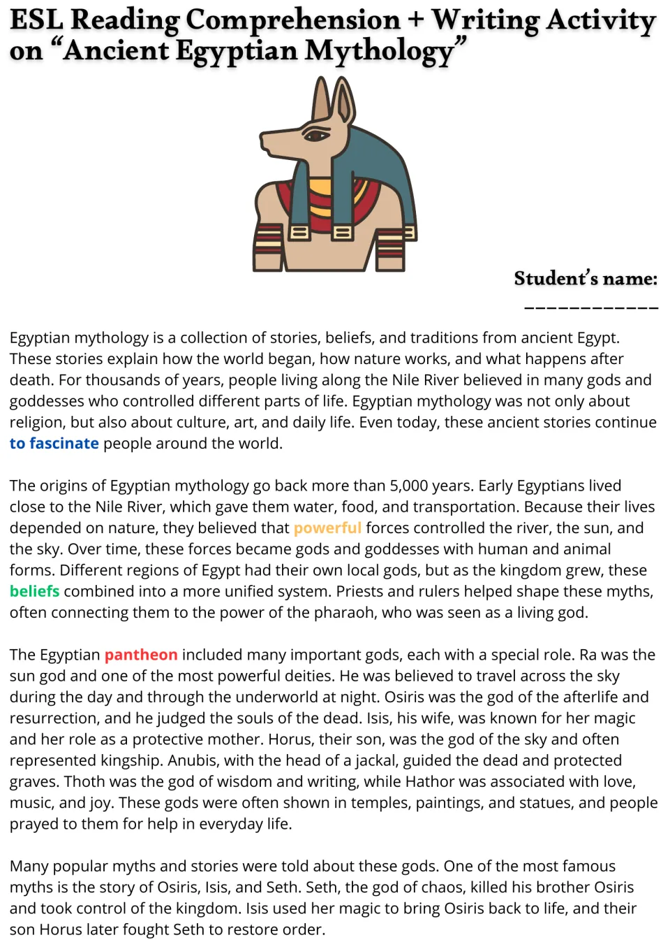 Egyptian mythology reading text on the Nile, the pantheon and gods like Ra, Osiris and Anubis, key words in color