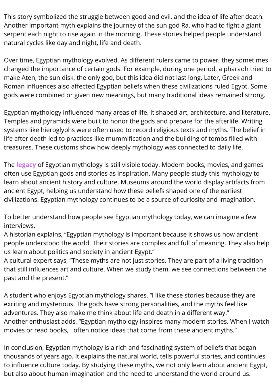 Egyptian myths passage continued: Ra's nightly journey, Aten, mummification, legacy, and quotes from imagined interviews