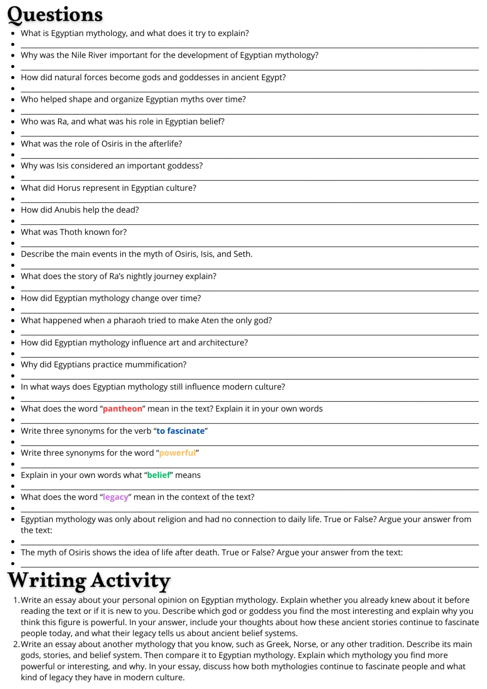 Egyptian mythology questions: students answer 24 comprehension, vocabulary and true/false items, plus 2 essay prompts