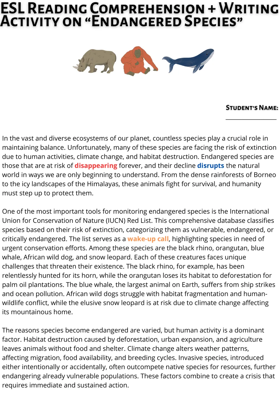 Endangered species reading, part 1: students read about the IUCN Red List, threatened animals and causes of extinction