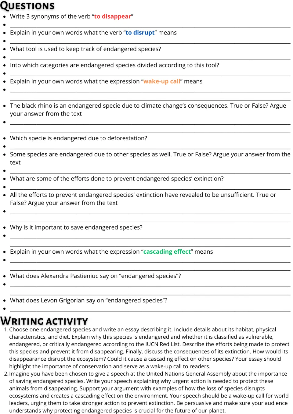 Endangered species questions: students define vocabulary, answer true-or-false with evidence, then write an essay or speech