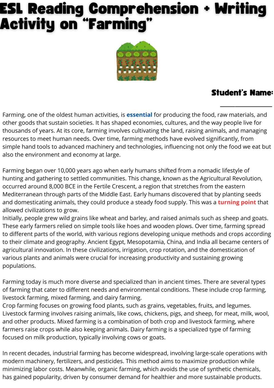 Farming reading passage, part 1: agricultural origins, crop and livestock farming, and industrial methods