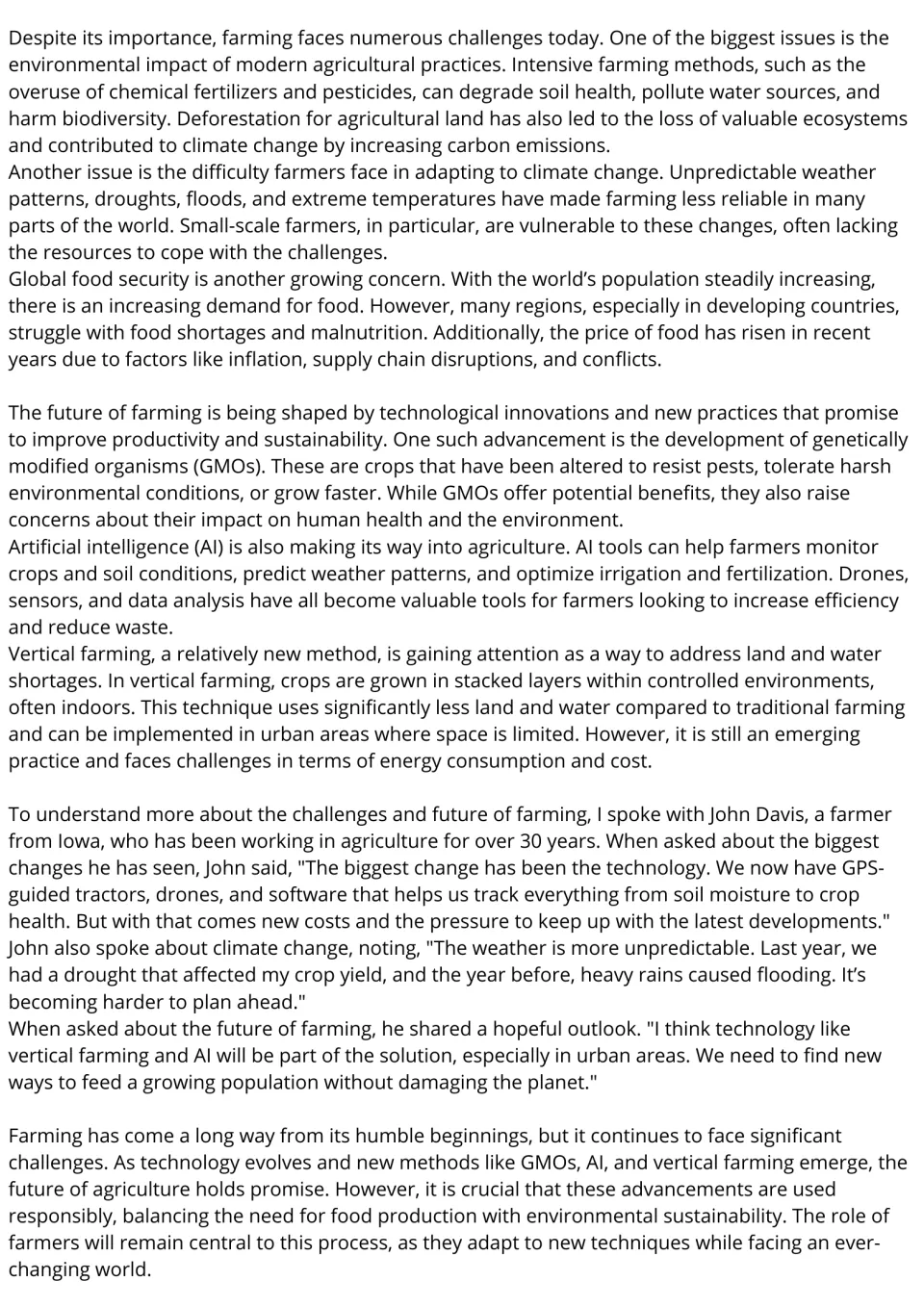 Farming reading passage, part 2: climate change, food security, GMOs, AI, and a farmer's interview