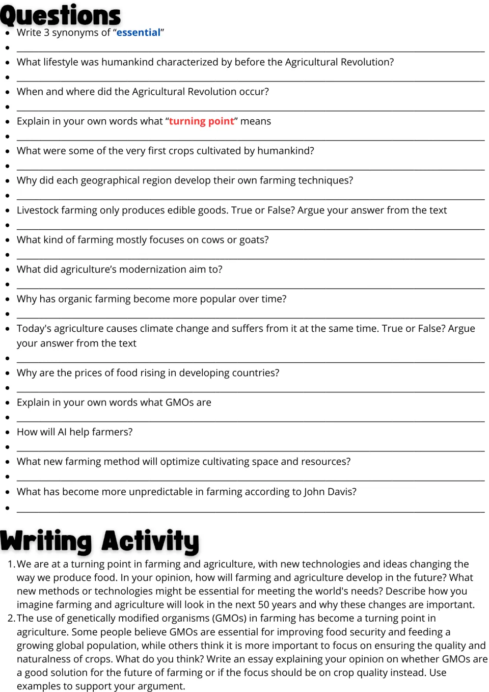 Farming reading follow-up: 16 comprehension questions and two essay prompts on future farming and GMOs