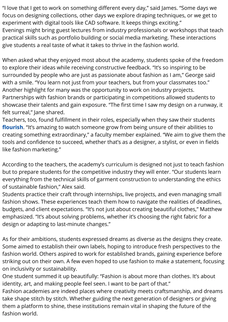Fashion academies passage, part 2: students read quotes on projects, curriculum, real-world practice and career ambitions