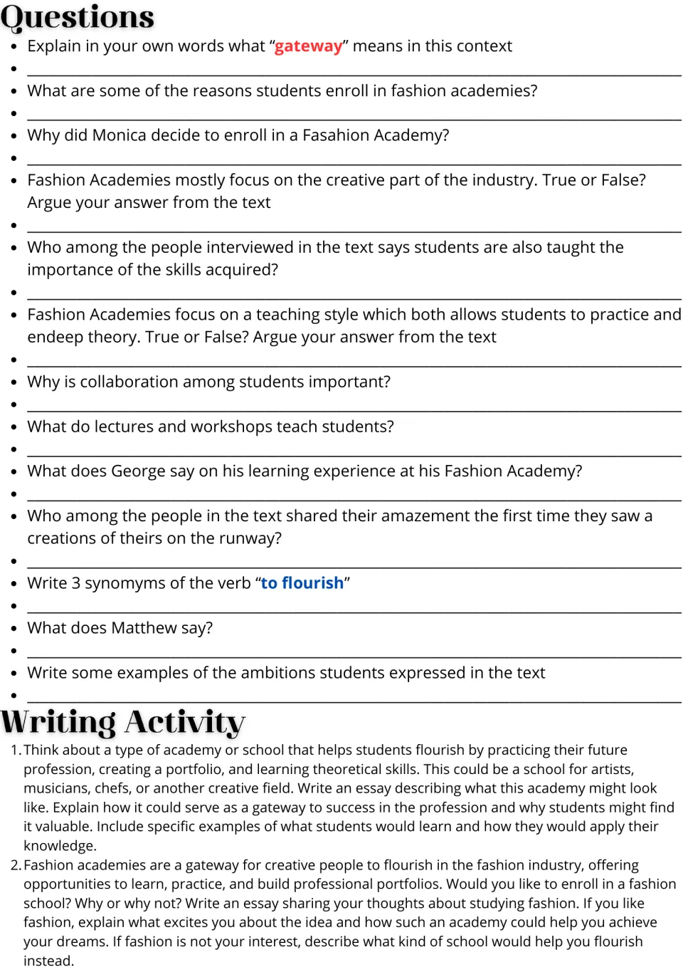 Fashion academy questions: students answer 13 comprehension items, cite text for true/false, and write one of two essays
