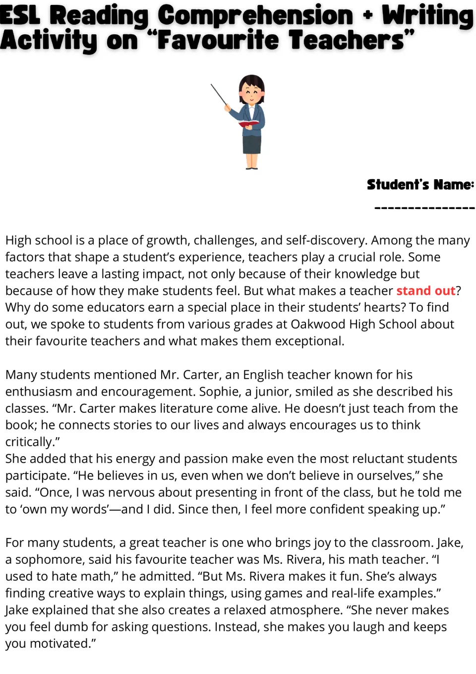 Reading passage, part 1: students describe Mr. Carter's encouragement and Ms. Rivera's approach to math.