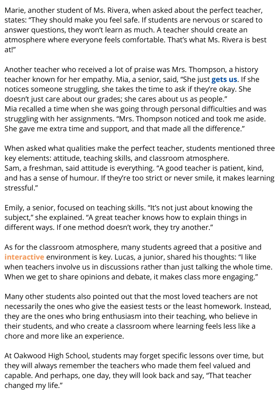 Reading passage, part 2: students discuss Mrs. Thompson's empathy, teaching skills, and classroom atmosphere.