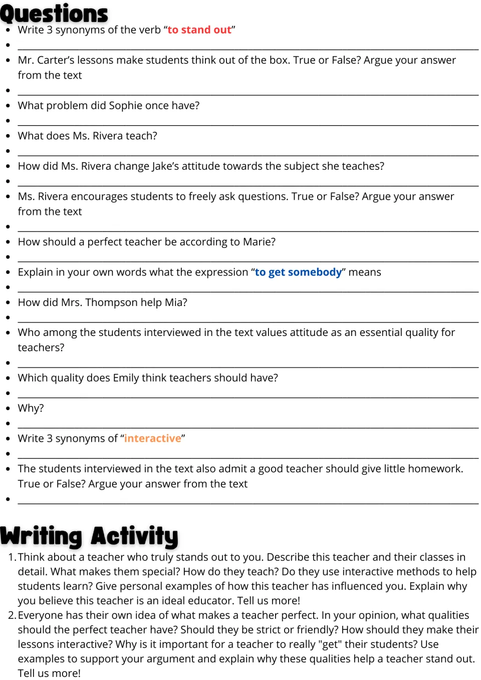 Follow-up activities: 14 comprehension and vocabulary questions and two essay prompts about favorite teachers.