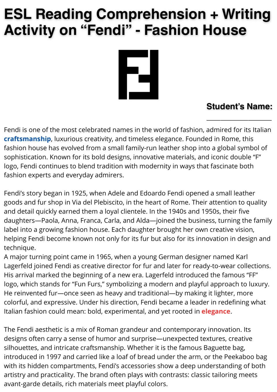 Fendi reading passage, part 1: the founders, Karl Lagerfeld, the FF logo, and Baguette and Peekaboo bags.