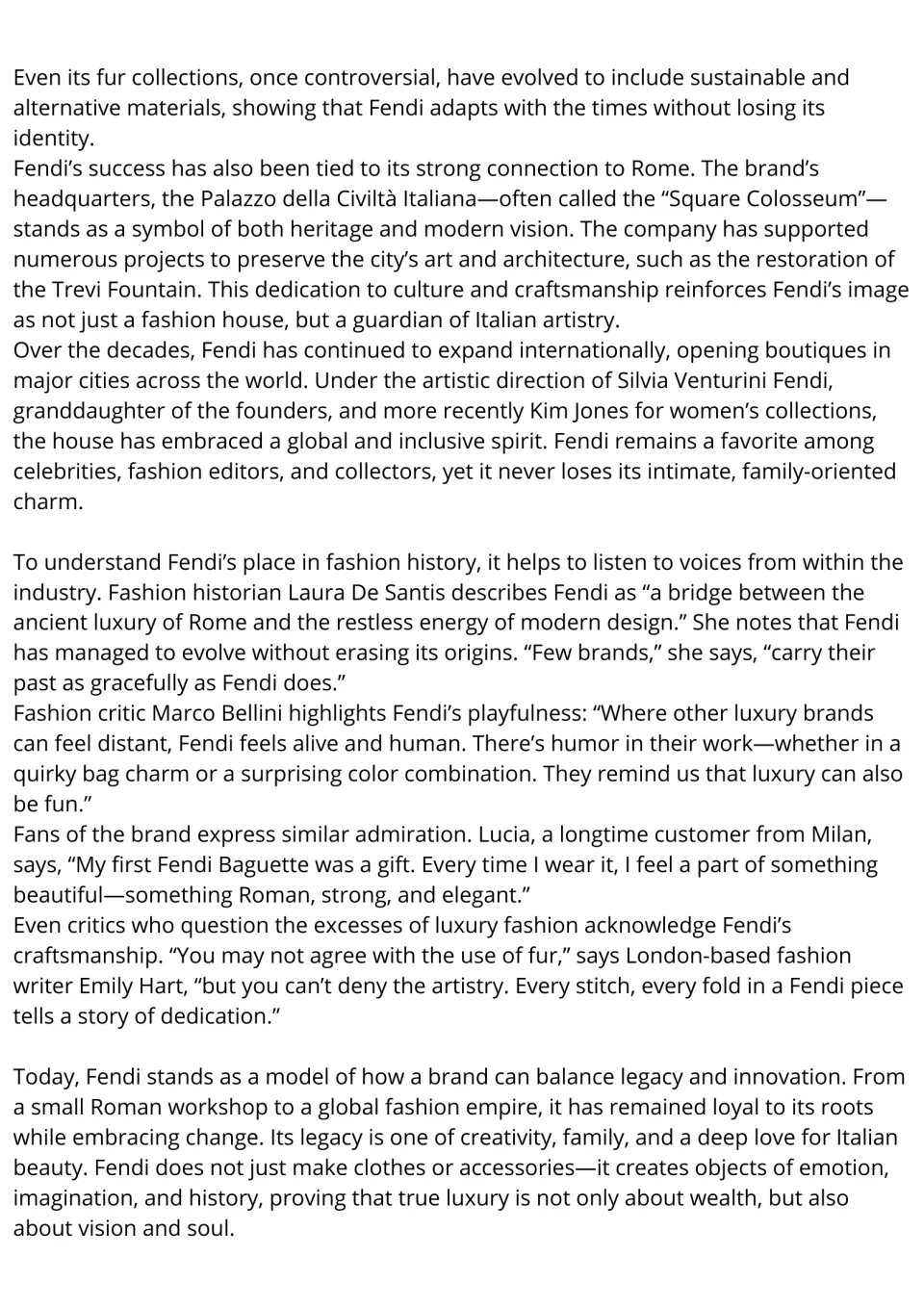 Fendi reading passage, part 2: ties to Rome, international growth, industry opinions, and the brand's legacy.