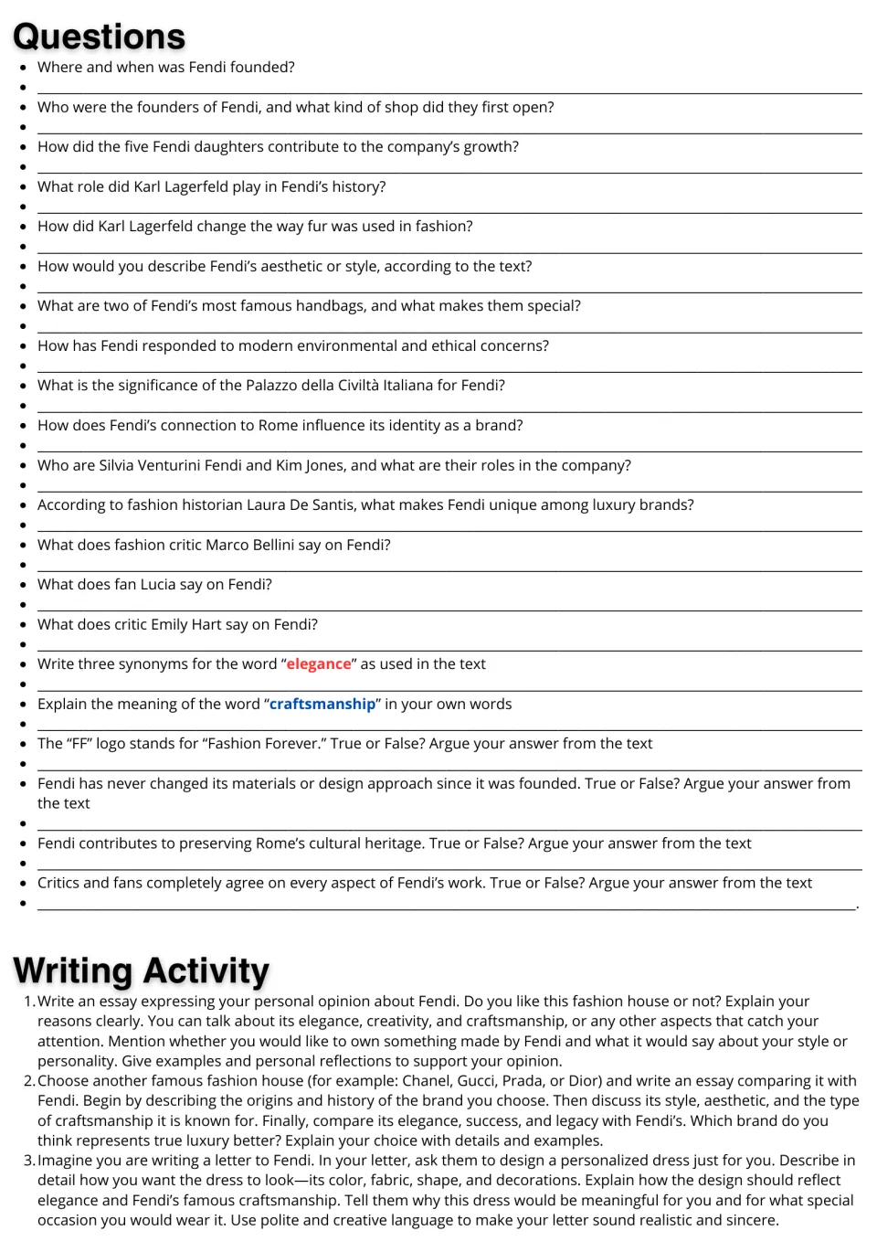 Fendi practice: 21 comprehension and vocabulary questions, plus three essay and letter-writing prompts.