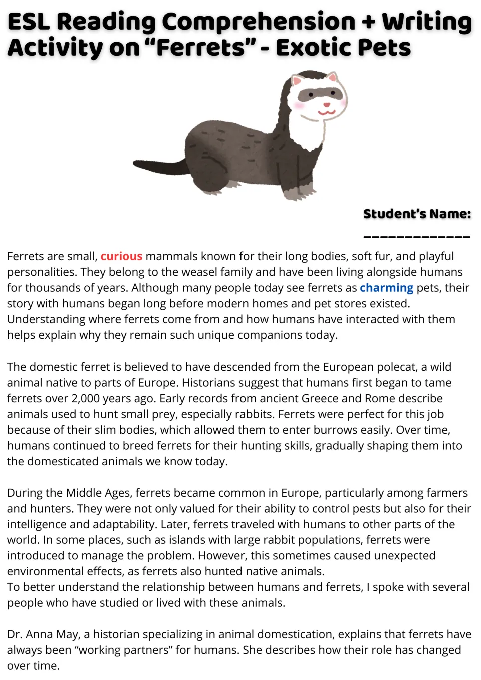 Ferret reading passage, part 1: origins, domestication, hunting roles, and environmental effects.