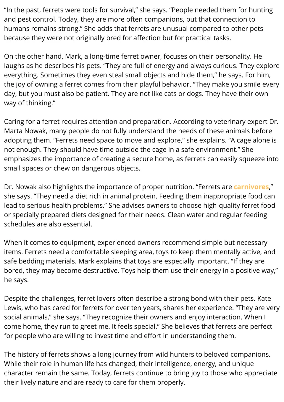Ferret reading passage, part 2: owners' experiences, safe housing, diet, toys, and companionship.