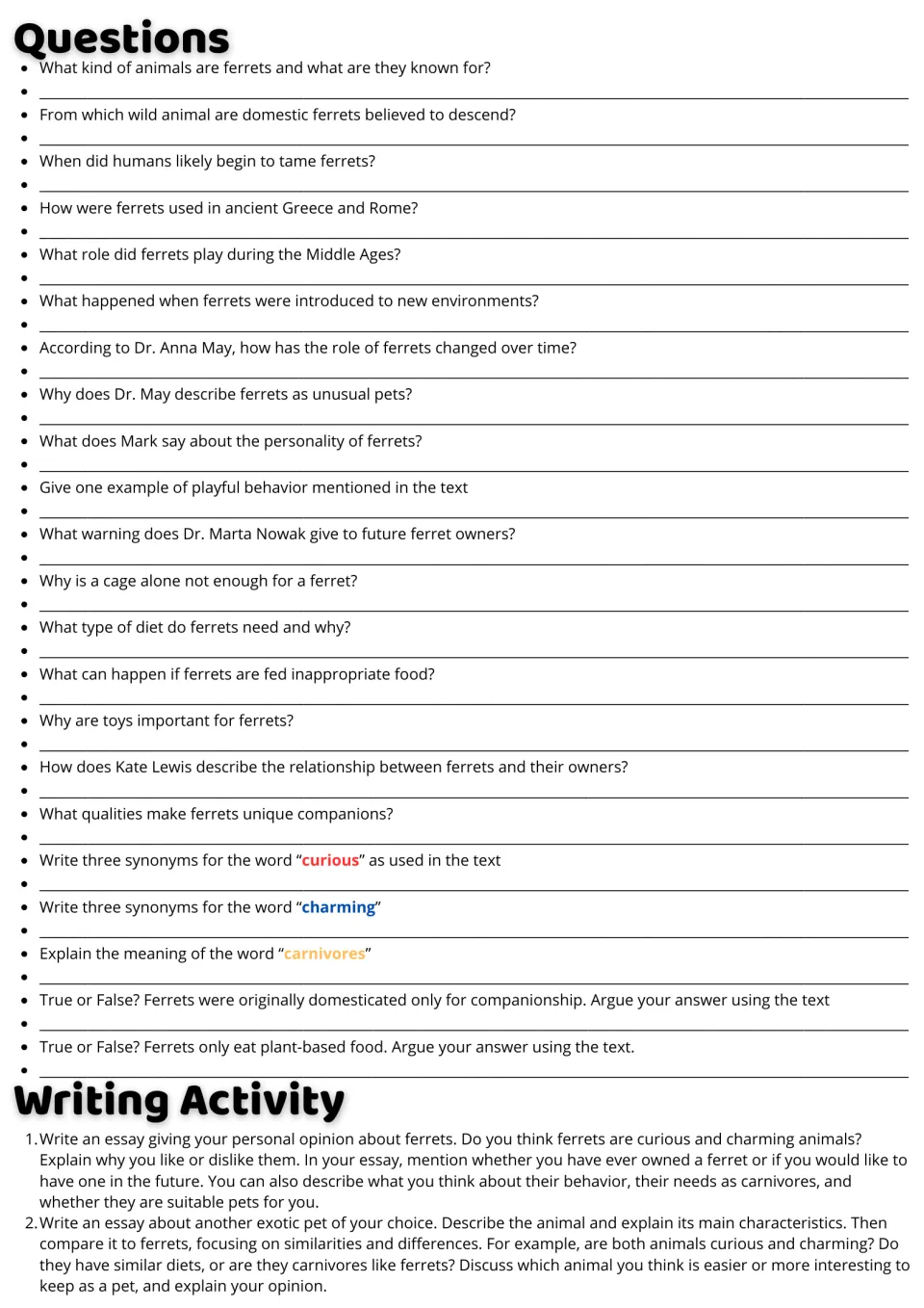 Follow-up activities: 22 comprehension and vocabulary questions plus two essays on ferrets and exotic pets.