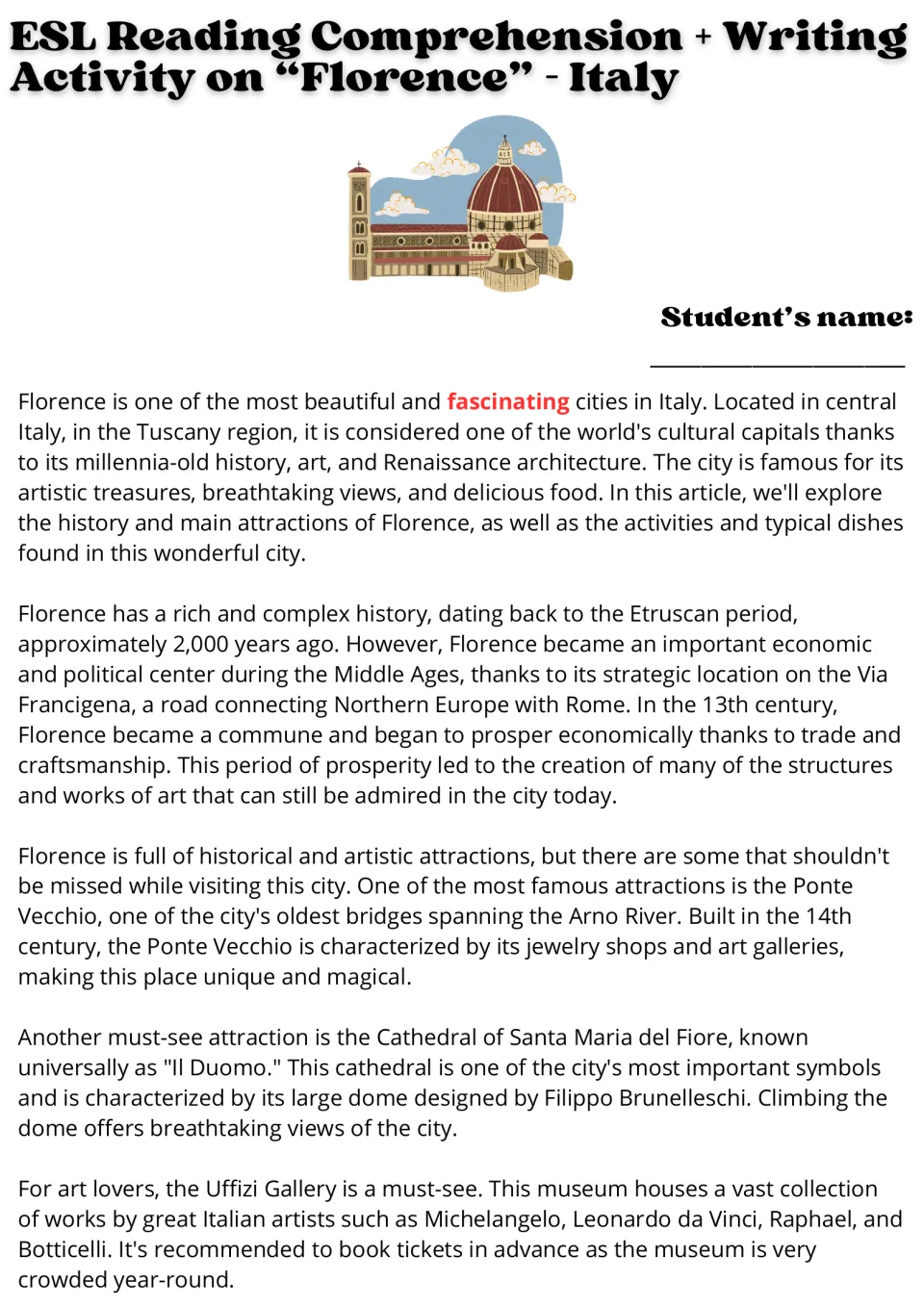 Florence ESL reading, part 1: history, Ponte Vecchio, Brunelleschi's dome, and the Uffizi Gallery.