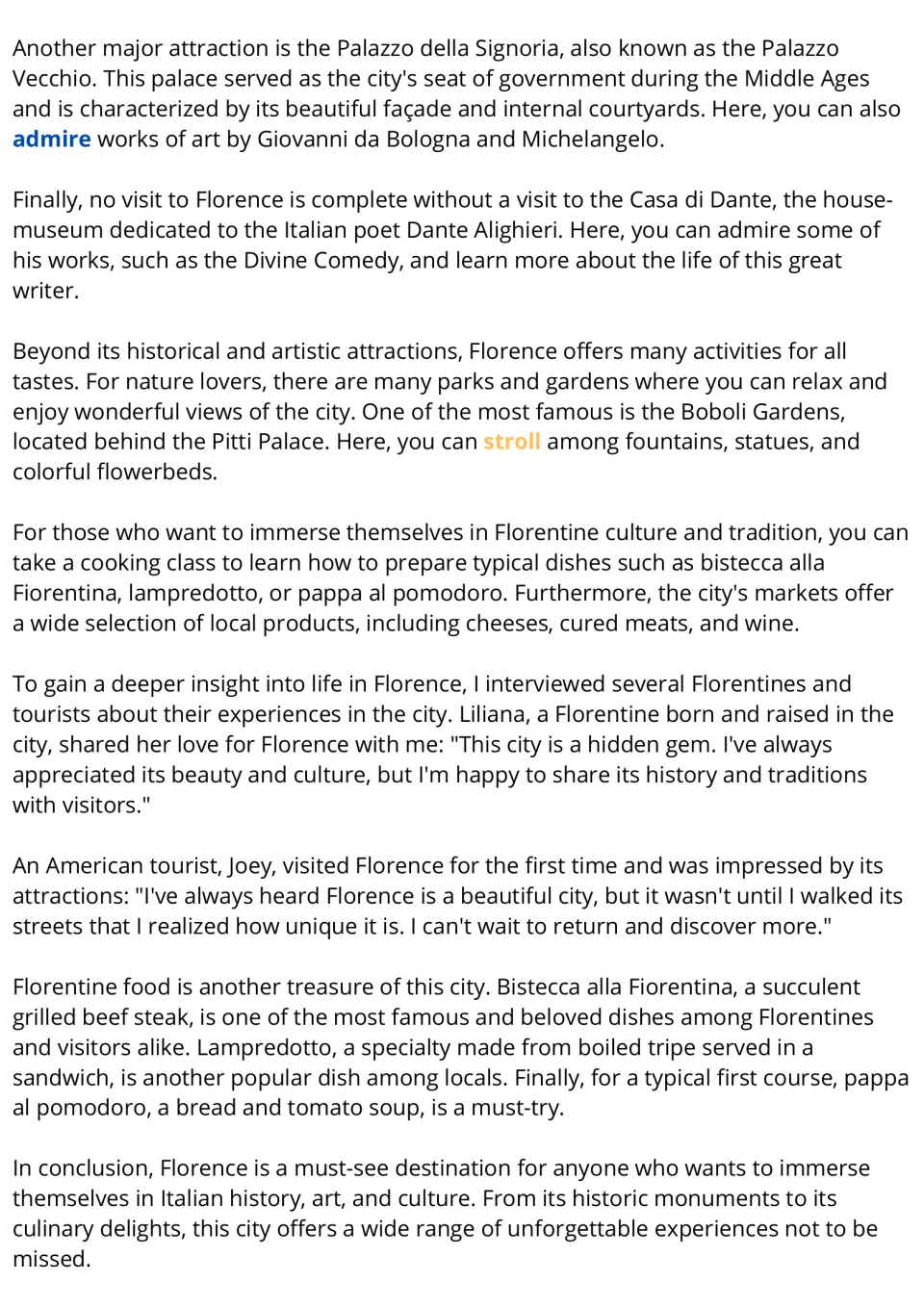 Florence ESL reading, part 2: Palazzo Vecchio, Boboli Gardens, visitor accounts, and traditional foods.