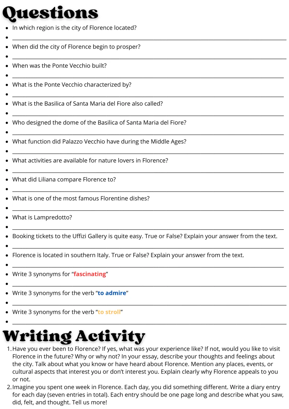 Florence reading follow-up: 16 comprehension and vocabulary questions plus essay and travel diary prompts.