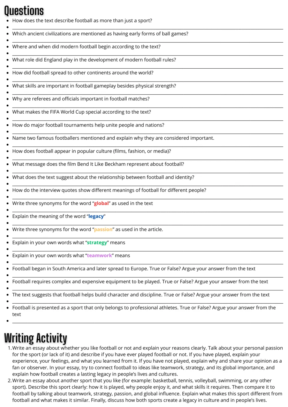 Football reading follow-up: 23 comprehension and vocabulary questions plus two sports essay prompts.