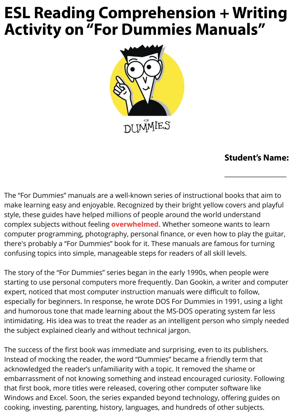 History of the For Dummies books, part 1: students read about Dan Gookin's 1991 DOS For Dummies and the series growth