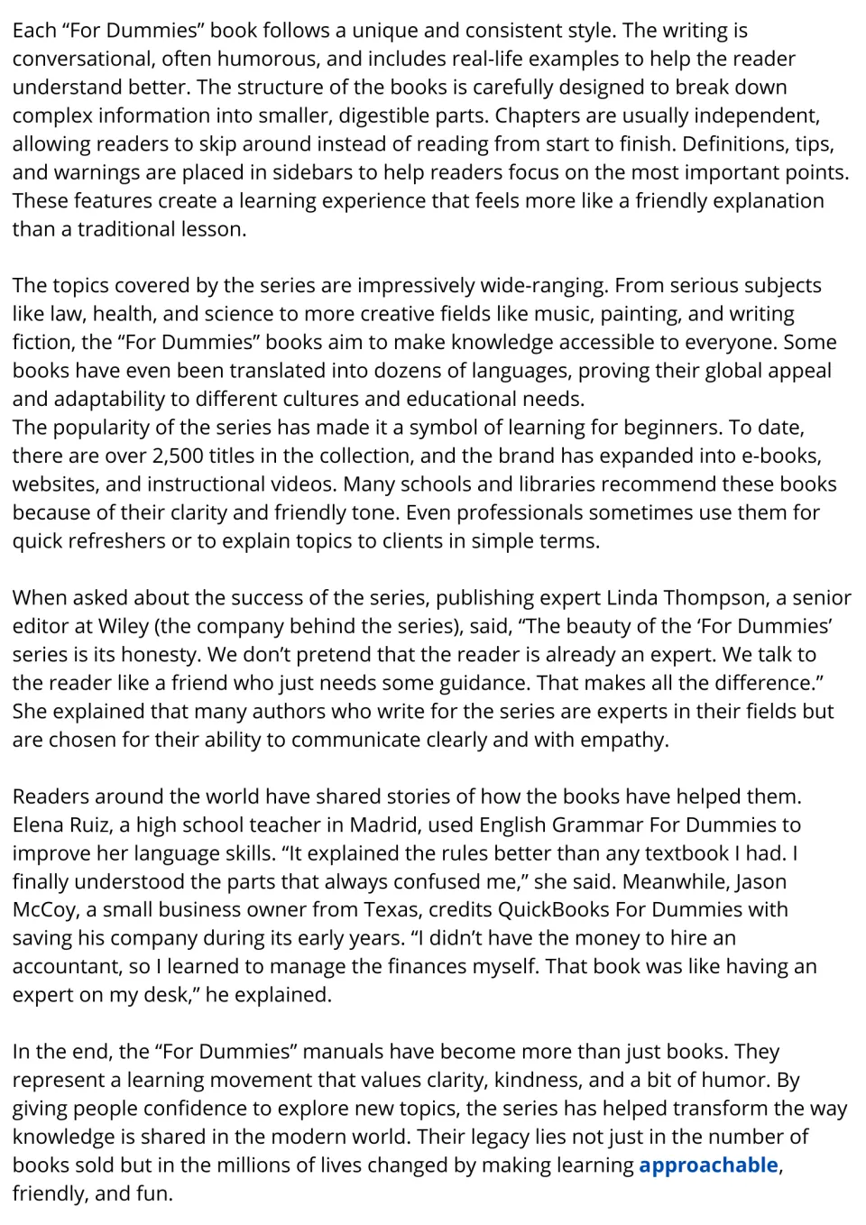 For Dummies reading, part 2: students read about the books' style, a Wiley editor's quote and two reader success stories