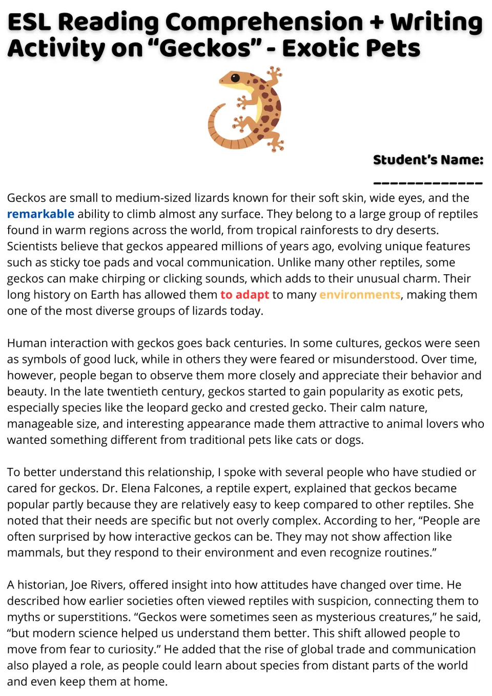 Opening ESL reading passage on gecko traits, origins, pet popularity, and changing human attitudes.